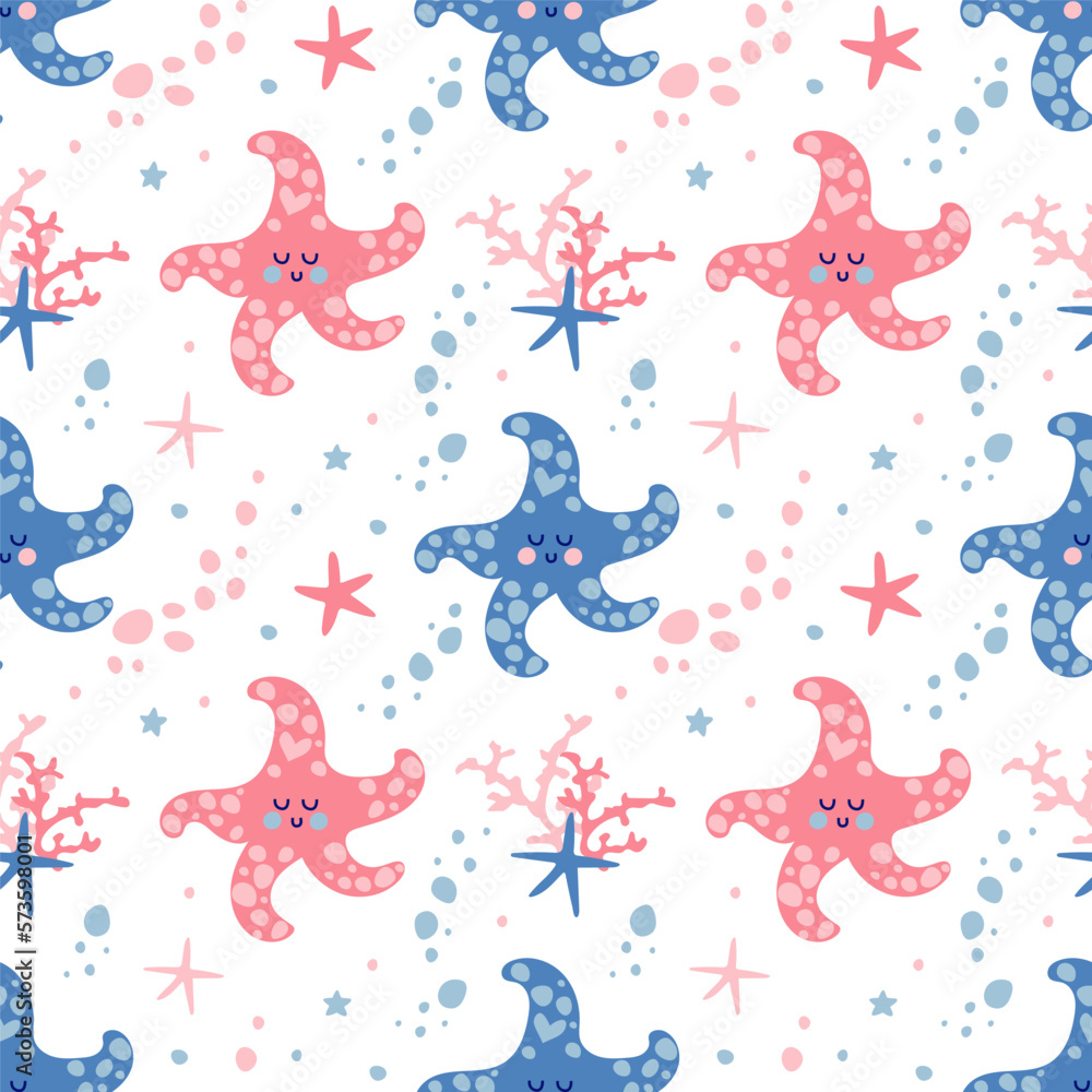Fototapeta premium Seamless vector pattern of cute starfish and bubbles.