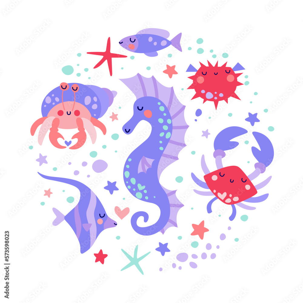 Composition of marine life. Seahorse, crab, hermit crab and fish in flat style.