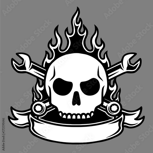 Skull with fire and ribbon accents, color can be customized.