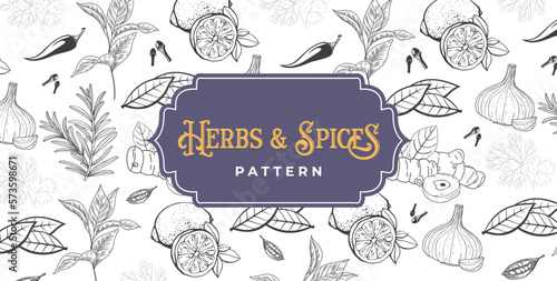 Herbs and spices pattern design. Seasoning herbs and spice patterns for packaging design. Lemon, cardamom, garlic, pepper, and mint organic vector pattern illustration. Luxury spice seasoning pattern