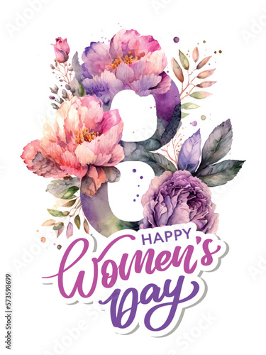 March 8 Happy womens day watercolor flowers lettering greeting card. Vector illustration