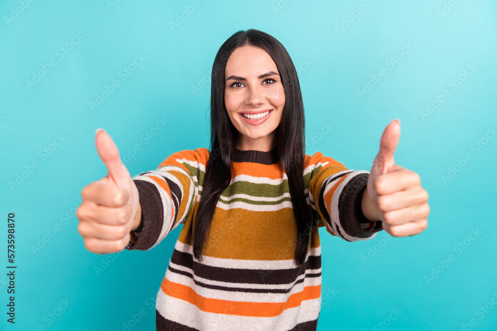 Photo of cheerful positive young girl recruiter recommend you like candidate thumbs up recruiter good job vacancy isolated on cyan color background Photo of cheerful positive young girl recruiter recommend you like candidate thumbs up recruiter good job vacancy isolated on cyan color background