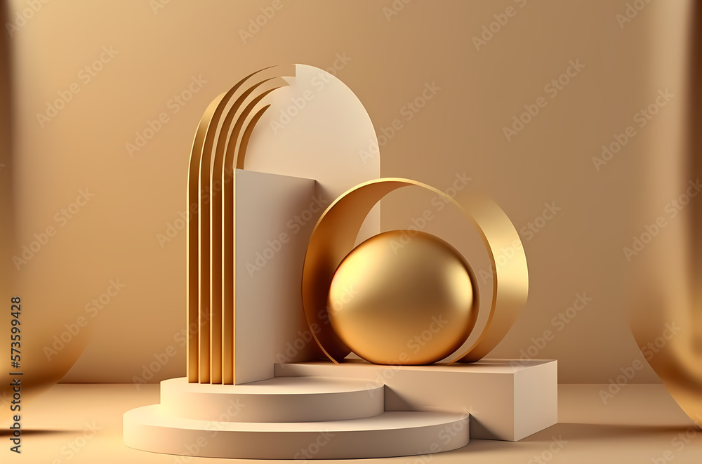 Stage podium scene for Award celebration or product presentation on gold background with lighting, generative ai.