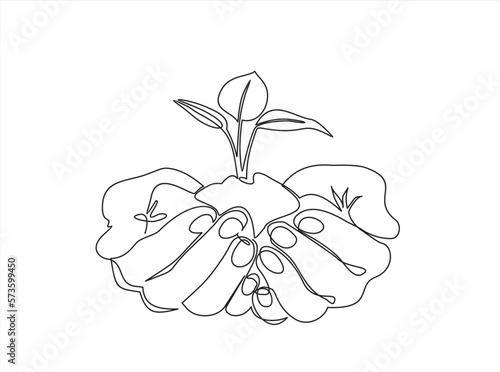 Single continuous line of hands holding tree leaf. Plant leaves grow planet Earth seedling eco natural concept design sketch drawing vector illustration art 
