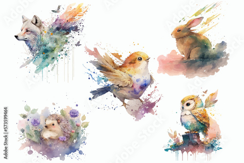Print op canvas Wolf, hare, hedgehog, owl and bird in watercolor style