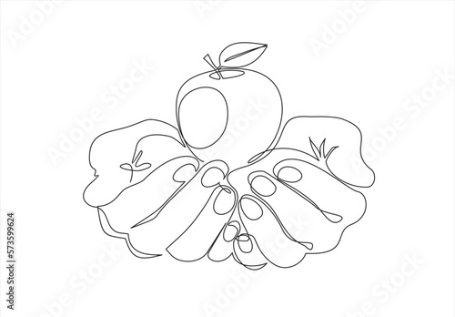 continuous line drawing of human hands holding apple, One line art. Vector illustration