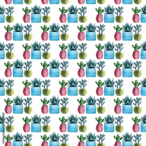 Watercolor seamless border with different types of cacti in multicolored pots