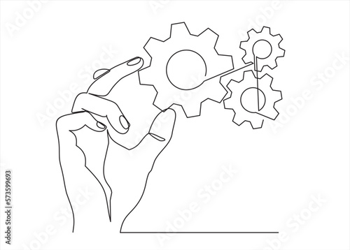 continuous one single line drawing of hand holding gears, tech development, engineering, technology