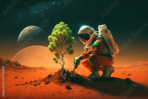 Print op canvas Astronaut Plants a Tree on the Red Planet Mars. Generative AI
