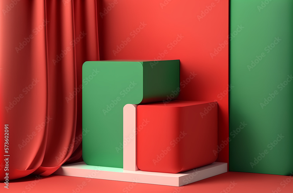 Stage podium scene for Award celebration or product presentation on red and green background with lighting, generative ai.
