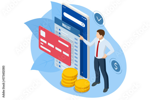Online Payment with Mobile Phone. Isometric online payment, banking and online shopping