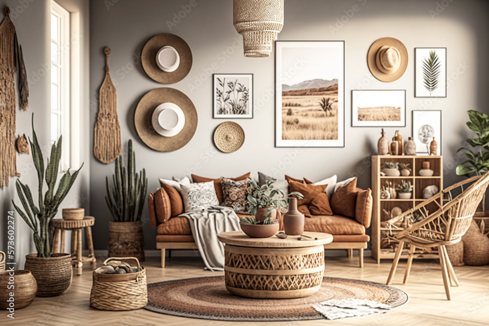Illustrazione Stock Stylish and modern boho inspired living room with  carpet, rattan furniture, pillows, plants, photo wall decoration and  personal accessories. Natural home decor, boho room interior, AI generated  image | Adobe