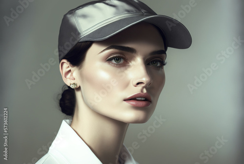 Fashionable woman in a cap. AI generated image.