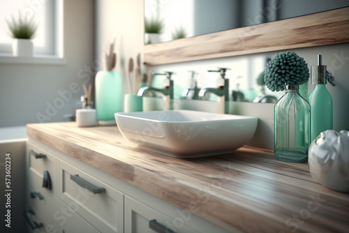 Wooden tabletop with blurred bathroom background. Modern bathroom interior selective focus. AI generated image.
