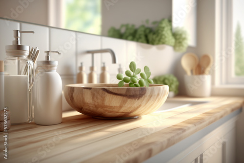 Wooden tabletop with blurred bathroom background. Modern bathroom interior selective focus. AI generated image.