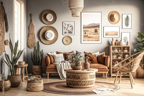 Papier peint Stylish and modern boho inspired living room with carpet,  rattan furniture, pillows, plants, photo wall decoration and personal  accessories. Natural home decor, boho room interior, AI generated image -  Nikkel-Art.fr