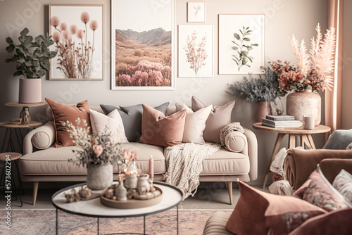 Stylish and modern boho inspired living room with carpet, furniture, pillows, flower bouquets, photo wall decoration and accessories. Natural home decor, boho room interior, AI generated image.