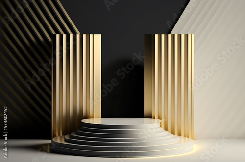 Stage podium scene for Award celebration or product presentation on black and gold background with lighting, generative ai.
