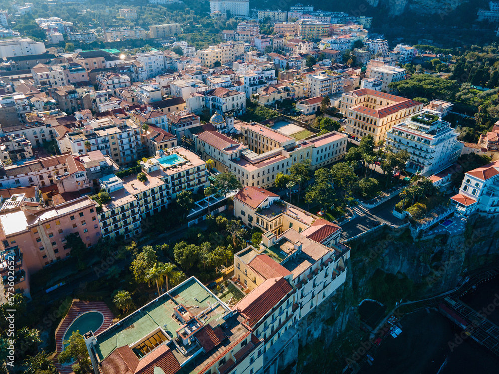 Aerial view of Sorrento, a coastal town in south Italy, facing the Bay of Naples on the Sorrentine Peninsula