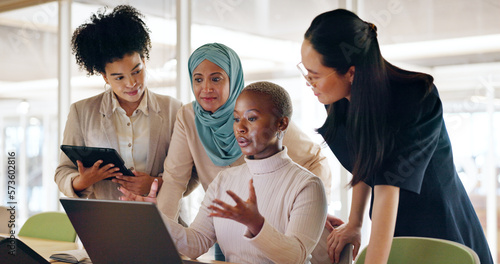Photos Diversity, corporate and women with laptop, talking and planning budget, fintech and system update in modern office
