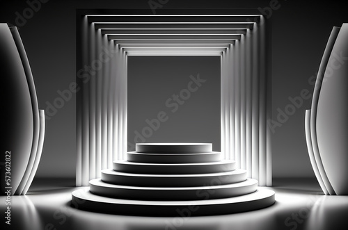Stage podium scene for Award celebration or product presentation on black background with lighting, generative ai.