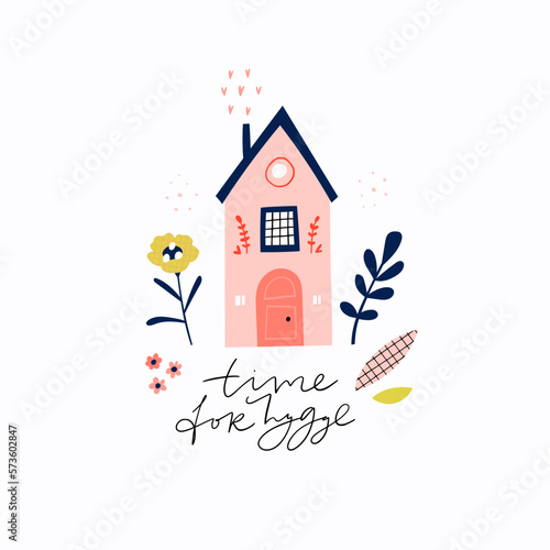 Hand drawn lettering illustration with quote time to hygge
