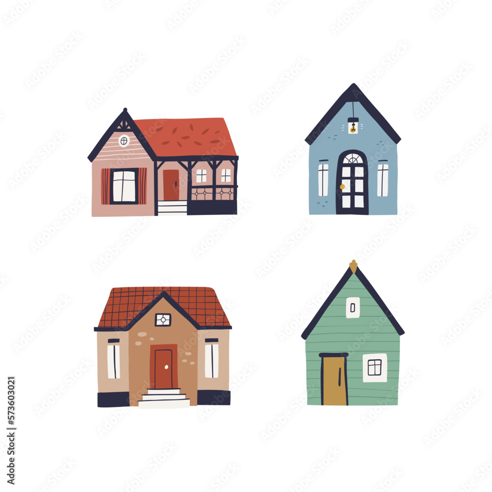 Colorful clipart set, hand-drawn buildings in a trendy style with cute details.