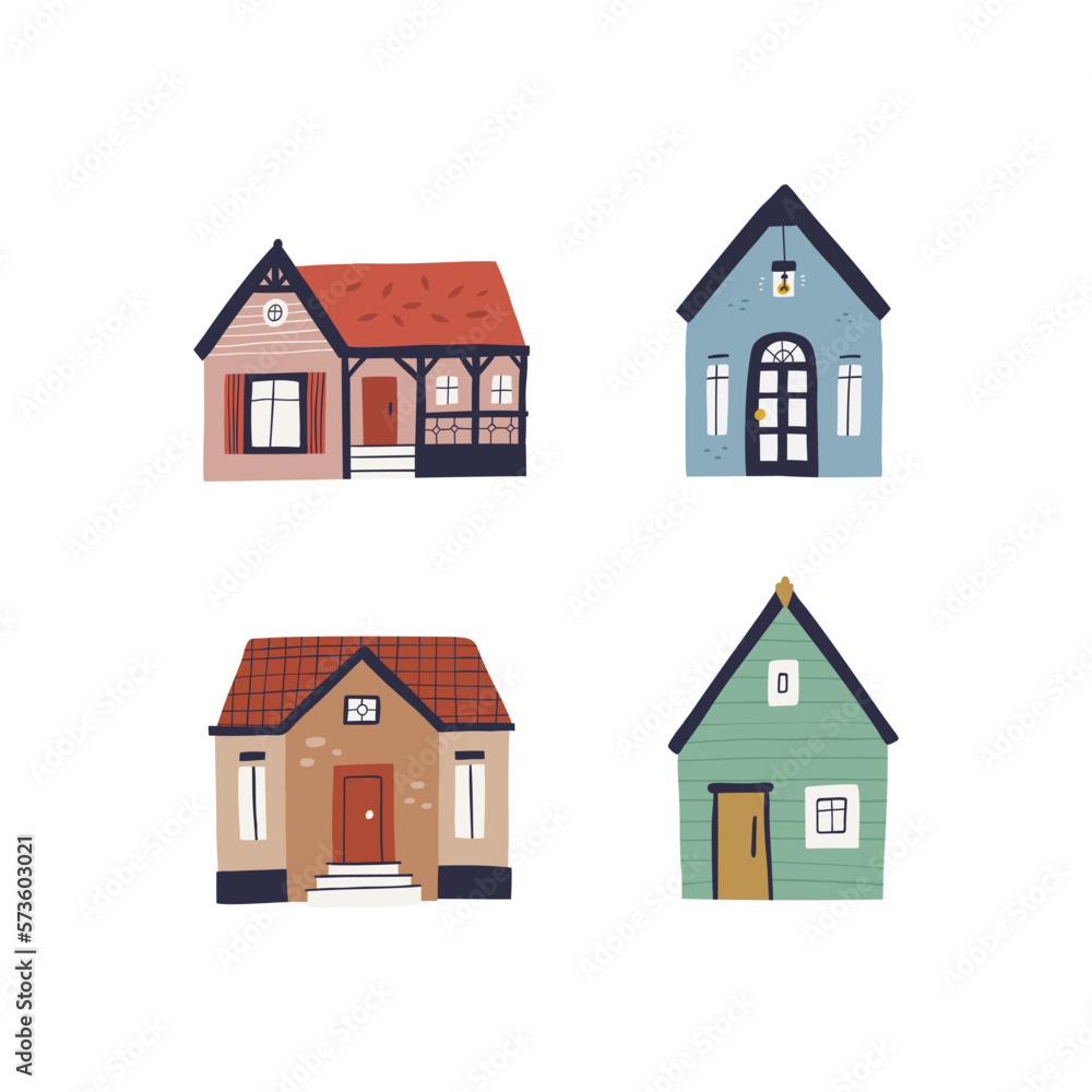 Colorful clipart set, hand-drawn buildings in a trendy style with cute details. Colorful clipart set, hand-drawn buildings in a trendy style with cute details.