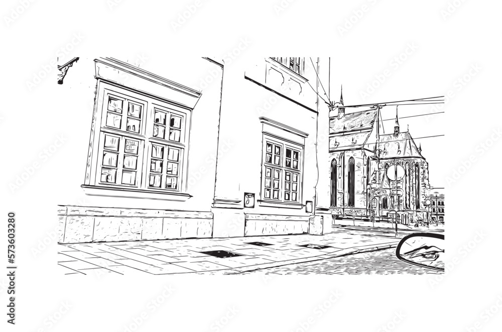 Obraz premium Building view with landmark of Plzen is a city in the Czech Republic. Hand drawn sketch illustration in vector.