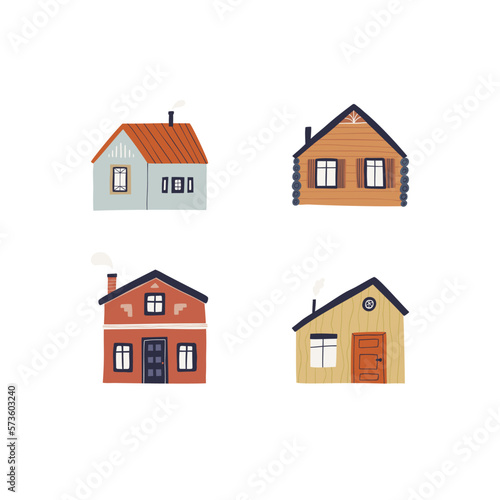 Colorful clipart set, hand-drawn buildings in a trendy style with cute details. © faveteart