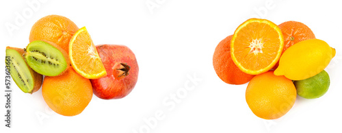 Citrus fruits isolated on white. Collage. Wide photo. Free space for text.