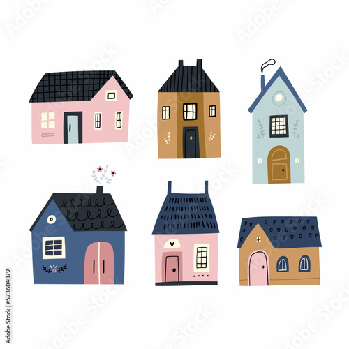 Colorful clipart set, hand-drawn buildings in a trendy style with cute details. © faveteart