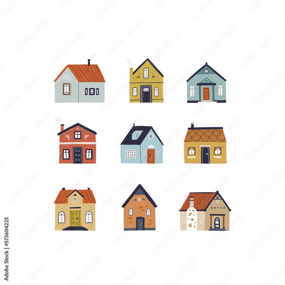 Colorful clipart set, hand-drawn buildings in a trendy style with cute details. Colorful clipart set, hand-drawn buildings in a trendy style with cute details.