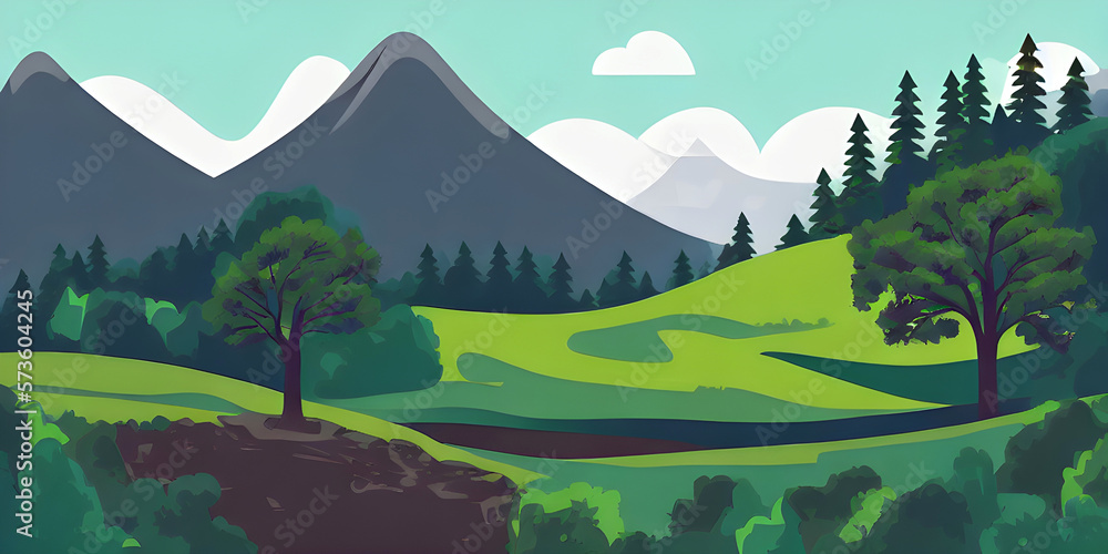 Panoramic view on a valley and forest in front of mountain range. Generative AI Panoramic view on a valley and forest in front of mountain range. Generative AI