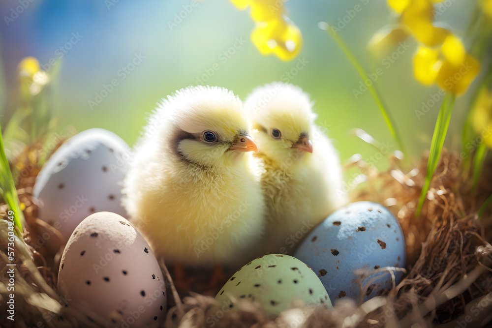 Chicks and painted easter eggs in fresh green grass, generative, ai