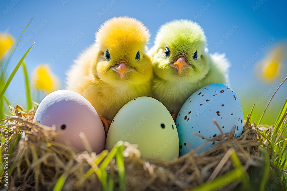 Chicks and painted easter eggs in fresh green grass, generative, ai