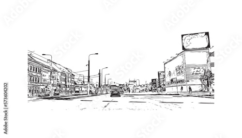 Building view with landmark of Plzen is a city in the Czech Republic. Hand drawn sketch illustration in vector.