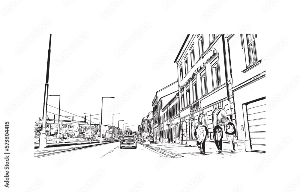 Building view with landmark of Plzen is a city in the Czech Republic. Hand drawn sketch illustration in vector. Building view with landmark of Plzen is a city in the Czech Republic. Hand drawn sketch illustration in vector.