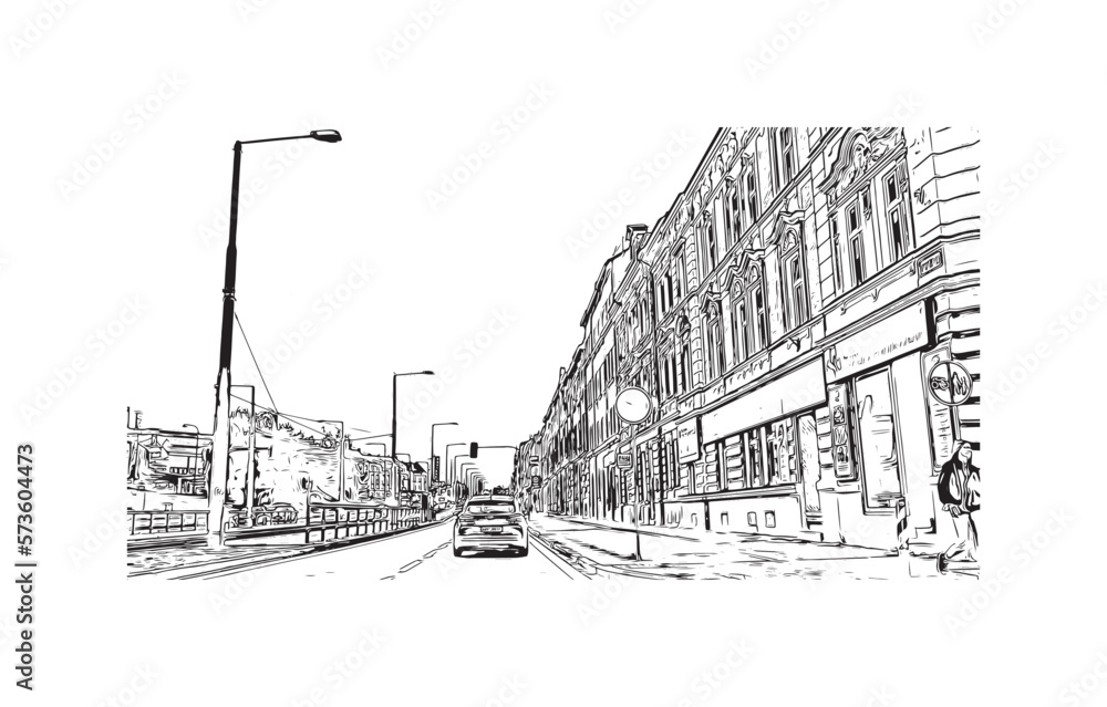 Fototapeta premium Building view with landmark of Plzen is a city in the Czech Republic. Hand drawn sketch illustration in vector.