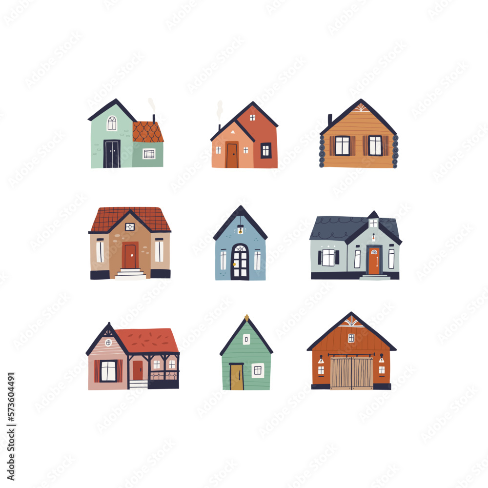 Colorful clipart set, hand-drawn buildings in a trendy style with cute details.