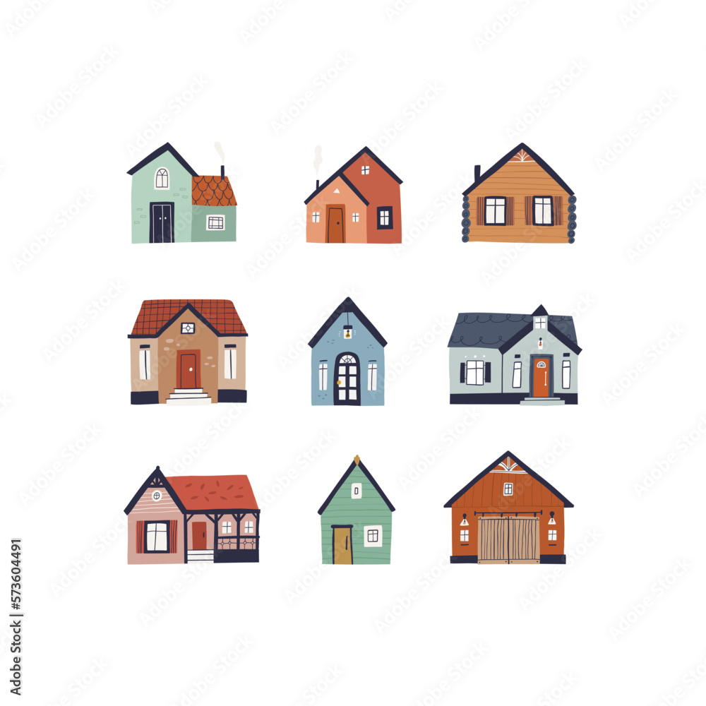 Colorful clipart set, hand-drawn buildings in a trendy style with cute details. Colorful clipart set, hand-drawn buildings in a trendy style with cute details.