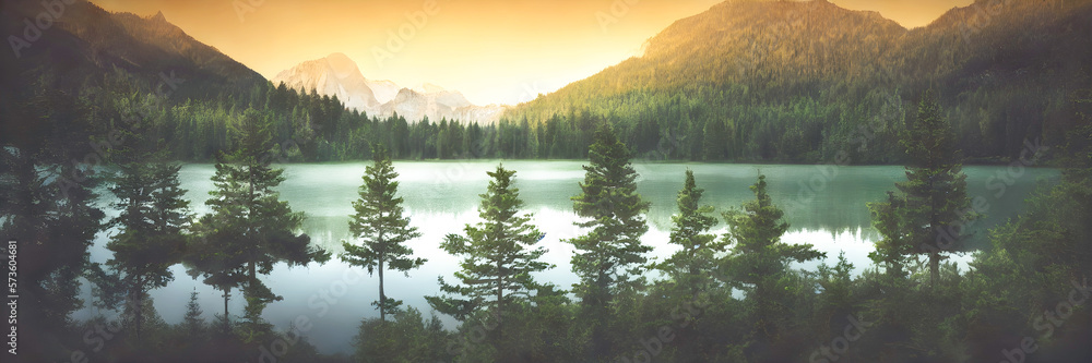 Panoramic view on a forest and mountain lake in front of mountain range. Generative AI