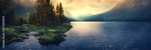 Fotobehang Panoramic view on a forest and mountain lake in front of mountain range