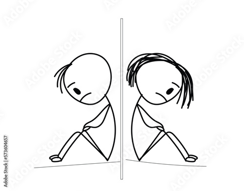 Vector cartoon stick figure illustration of depressed,sad,frustrated or sick man sitting alone in corner. Concept of help, psychology or relationship.