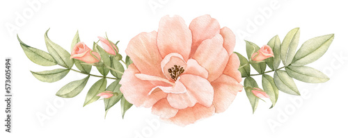 Watercolor pink Rose Flower with green leaves. Hand drawn illustration of floral bouquet in pastel creamy colors on isolated background. Drawing of delicate Plants for wedding invitations or cards