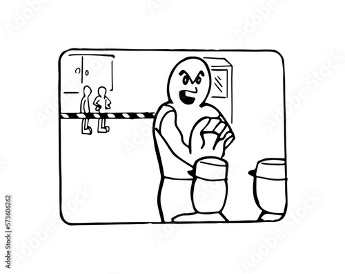 Security guard stopping with his hand two policemen wanting to enter across a security control fence. Black lines hand drawn cartoon style vector illustration.