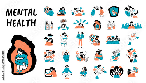 Cartoon Color Mental Health and Psychology Concept Set Flat Design Style. Vector illustration of Scenes with Person in Depression, Anxiety, Trauma or Panic
