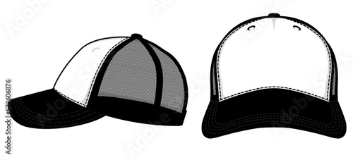Black and white trucker hat mock up. With the position of the front view and side view.