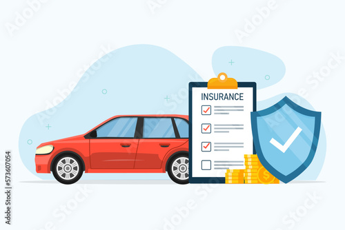 car insurance business protection with paper check. car service concept and shield. vector illustration flat design