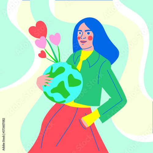 Vector illustration of young woman carrying planet Earth with concept of conservation, protection and reasonable consumption of natural resources.  Awareness of the earth will always grow love